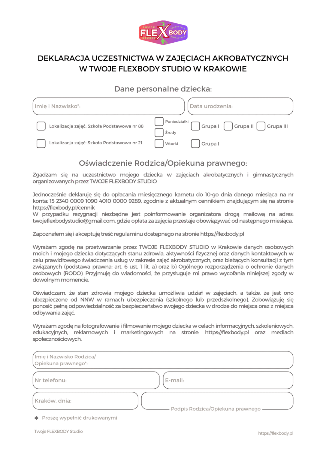 Deklaracja Uczestnictwa w zajeciach Twoje FlexBody Studio 1